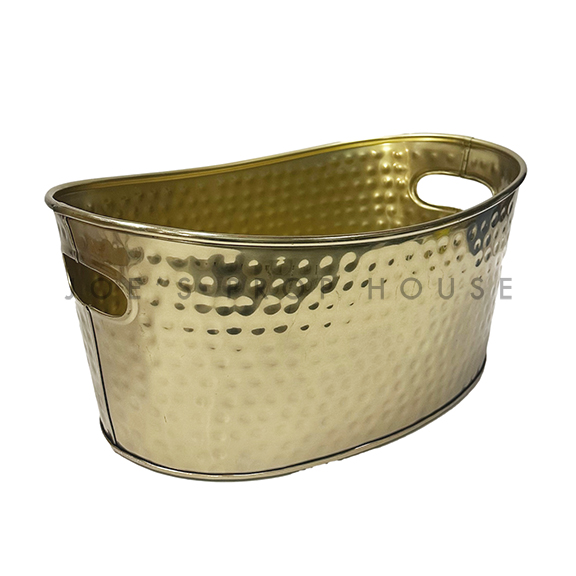 Oval Gold Hammered Metal Ice Bucket w/Handles SMALL