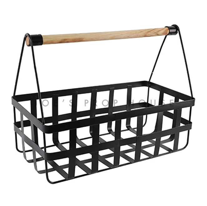 Black Metal Grid Basket Caddy w/Wood Handle Large