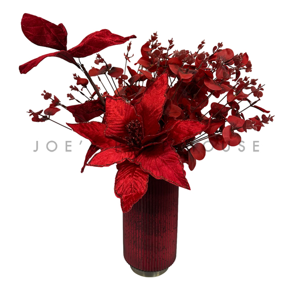 Artificial Red Velvet Poinsettia + Red Eucalyptus Potted Arrangement