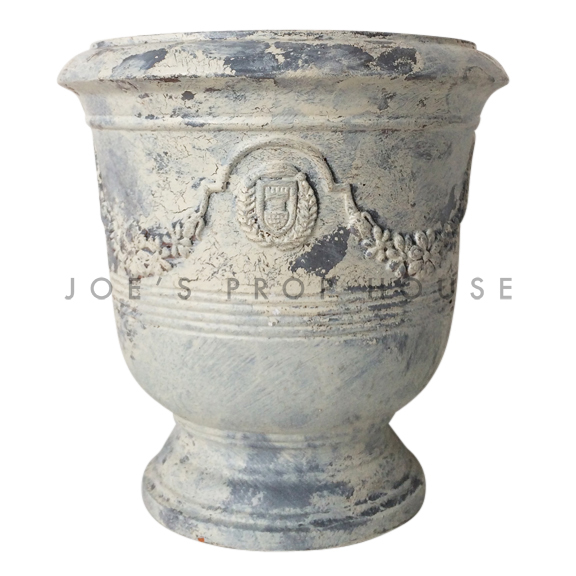 Distressed Round Pedestal Tuscan Crest Pot Ivory/Grey