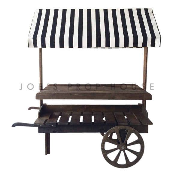 Brown Wooden Market Cart w/Striped Black and White Awning