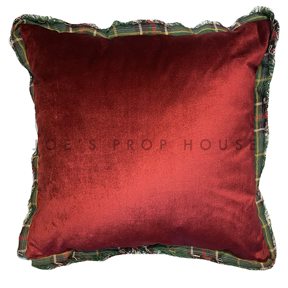 Ruby Red Velvet Accent Pillow w/Green Plaid Trim